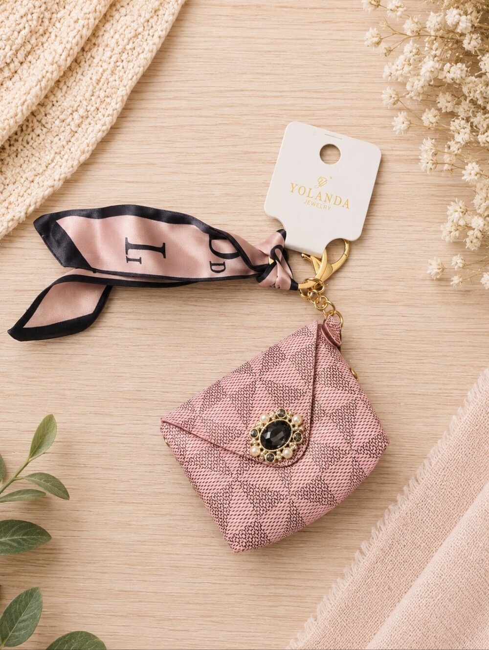 Yolanda Pink Keychain Pouch with Scarf Accent